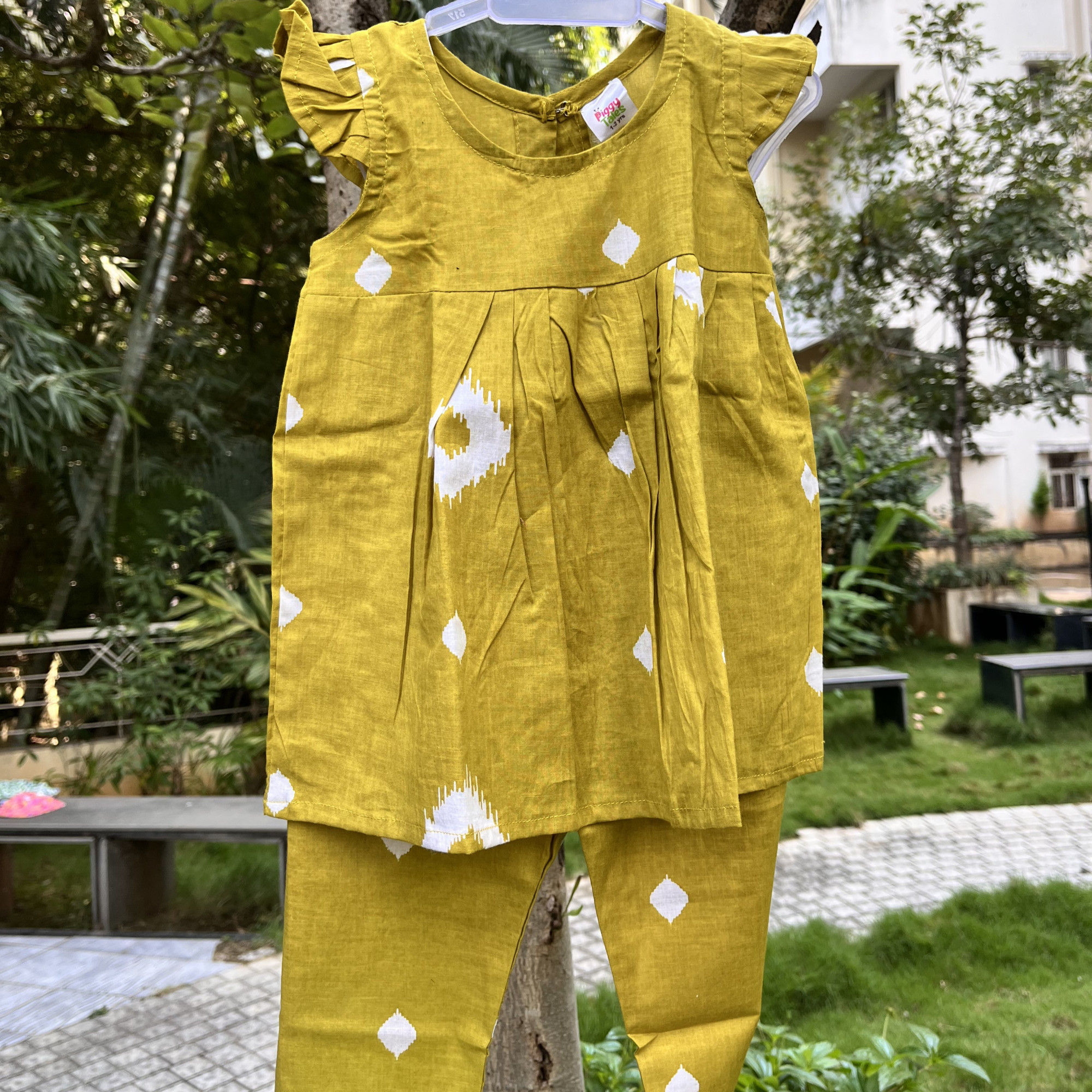 Mustard Ikat Print Set Frock-Style Top and Pants