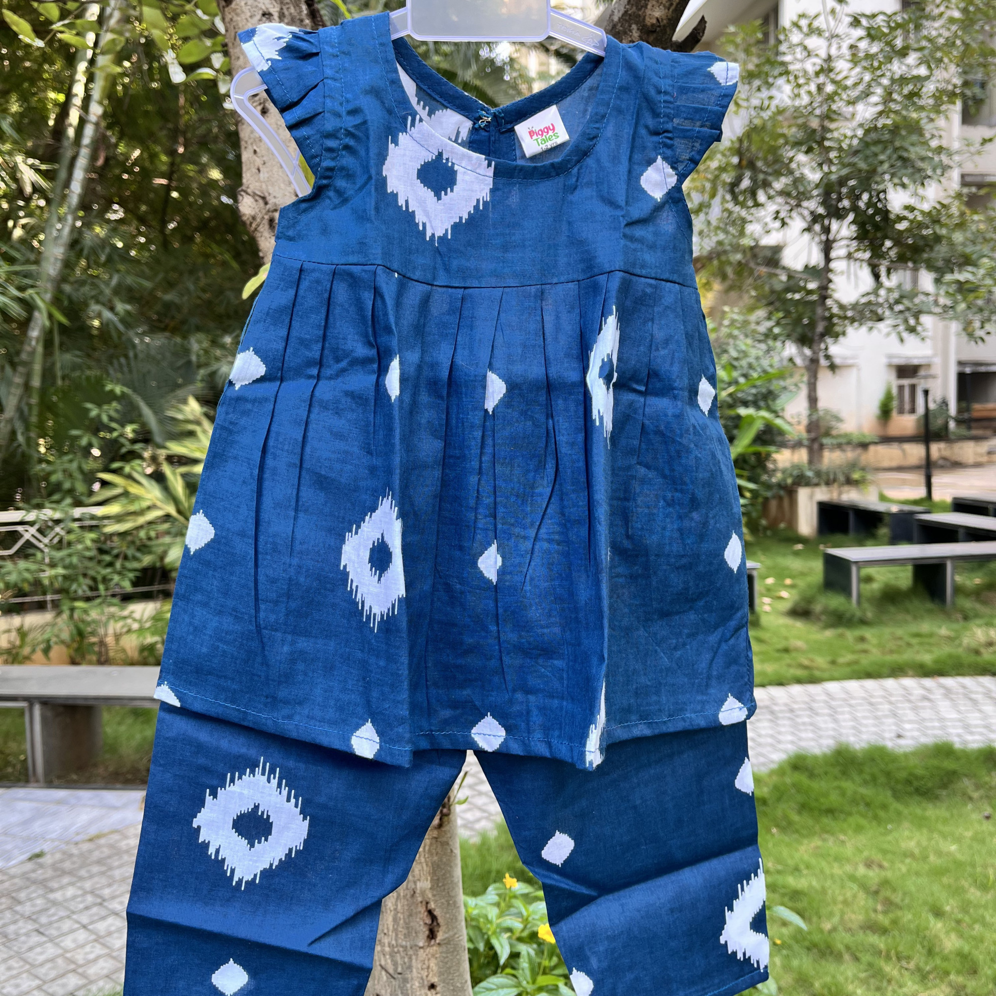Blue Ikat Print Set Frock-Style Top and Pants