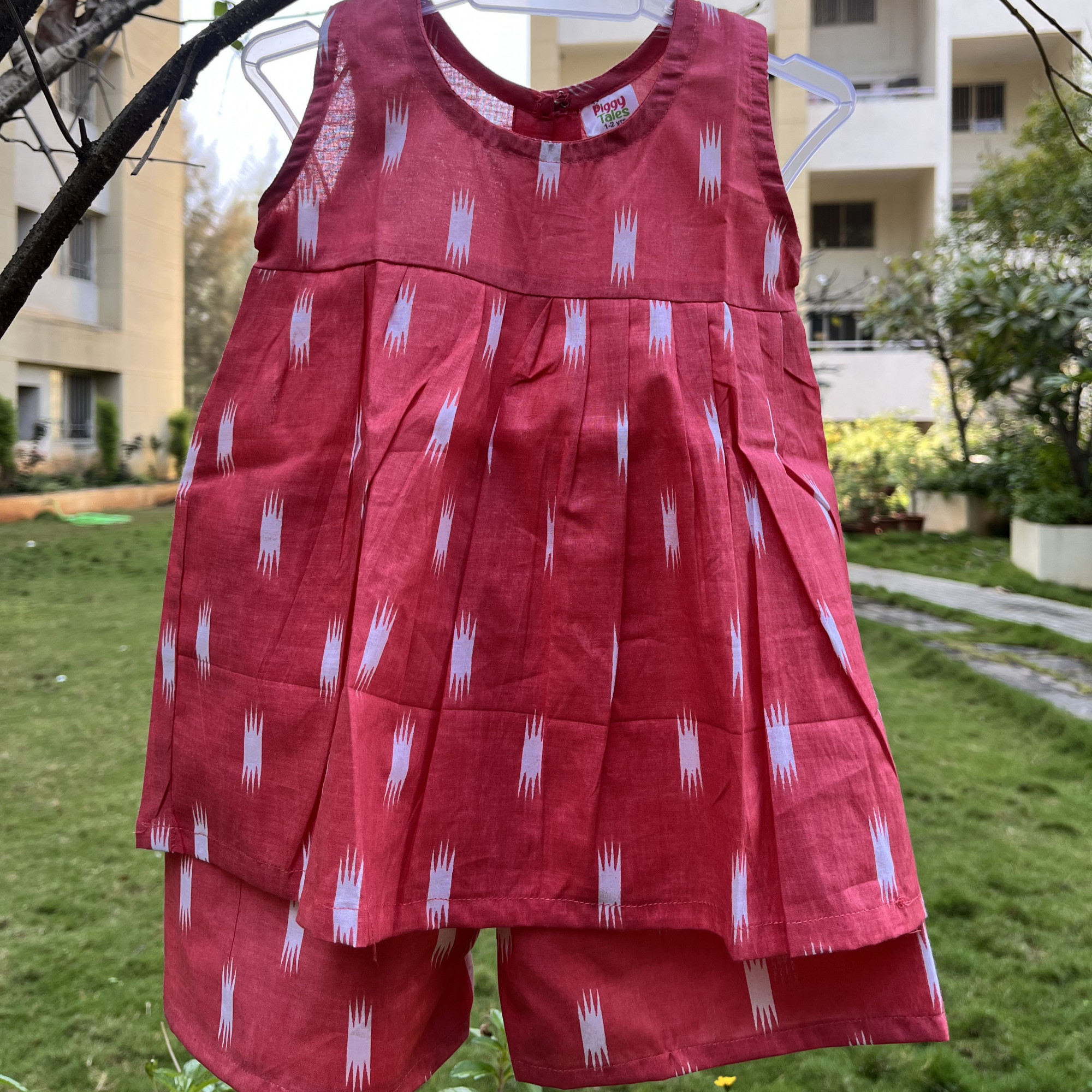 Pink Ikat Cotton Frock-Style Top and Shorts