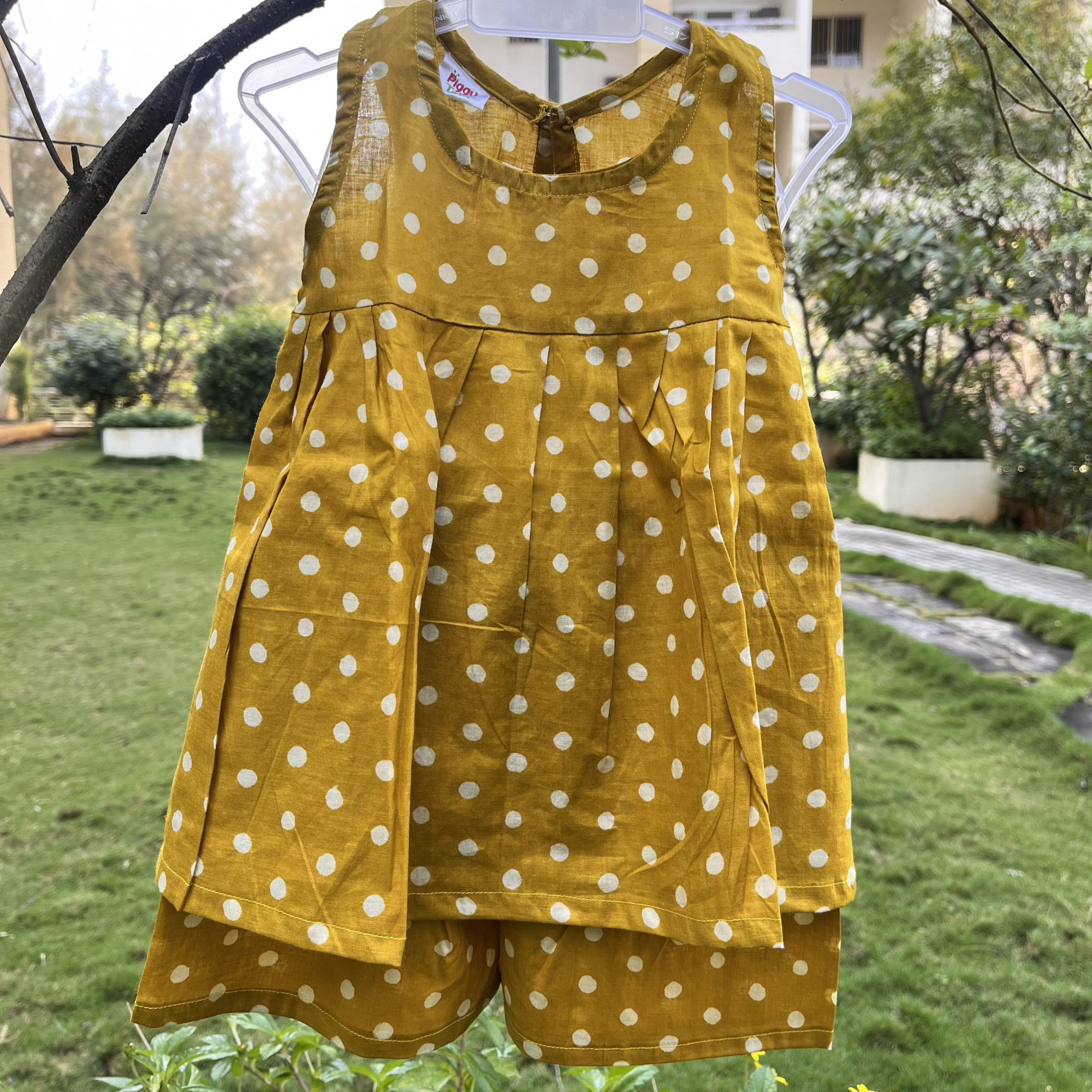Mustard Yellow Polka Set Frock-Style Top and Shorts