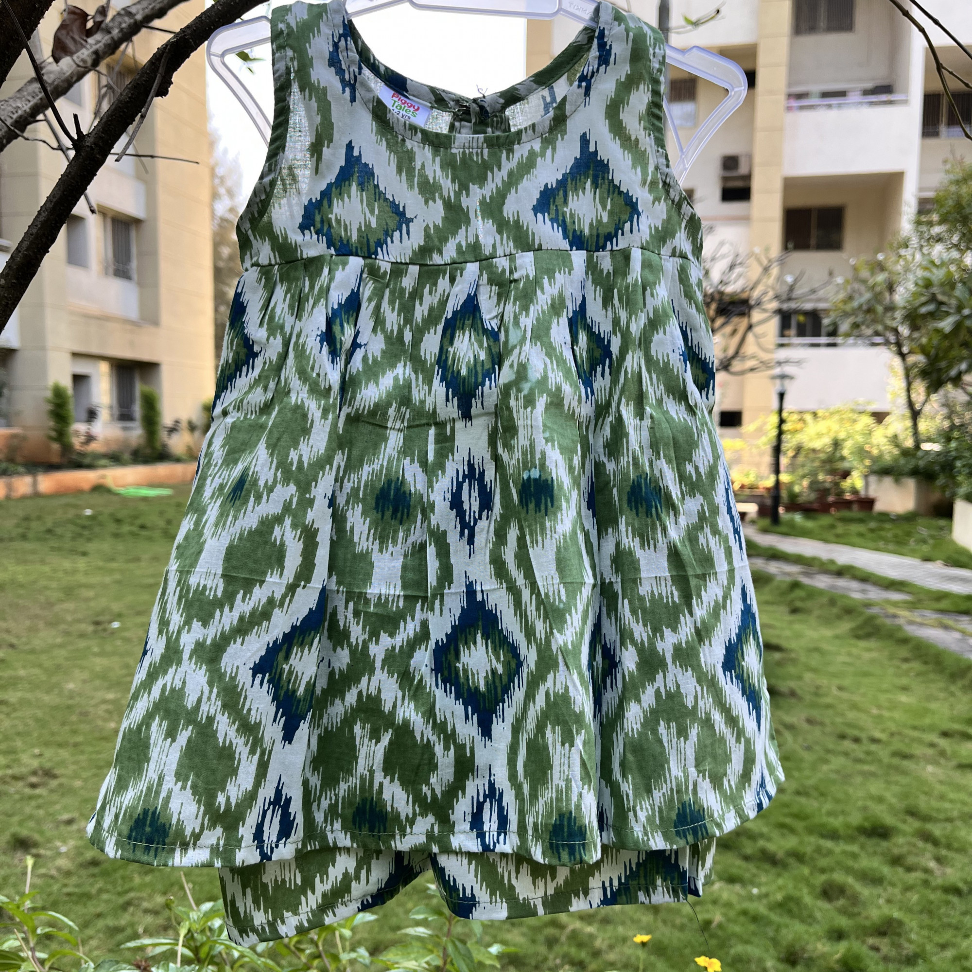 Olive Blue Geometric Set Frock-Style Top and Shorts