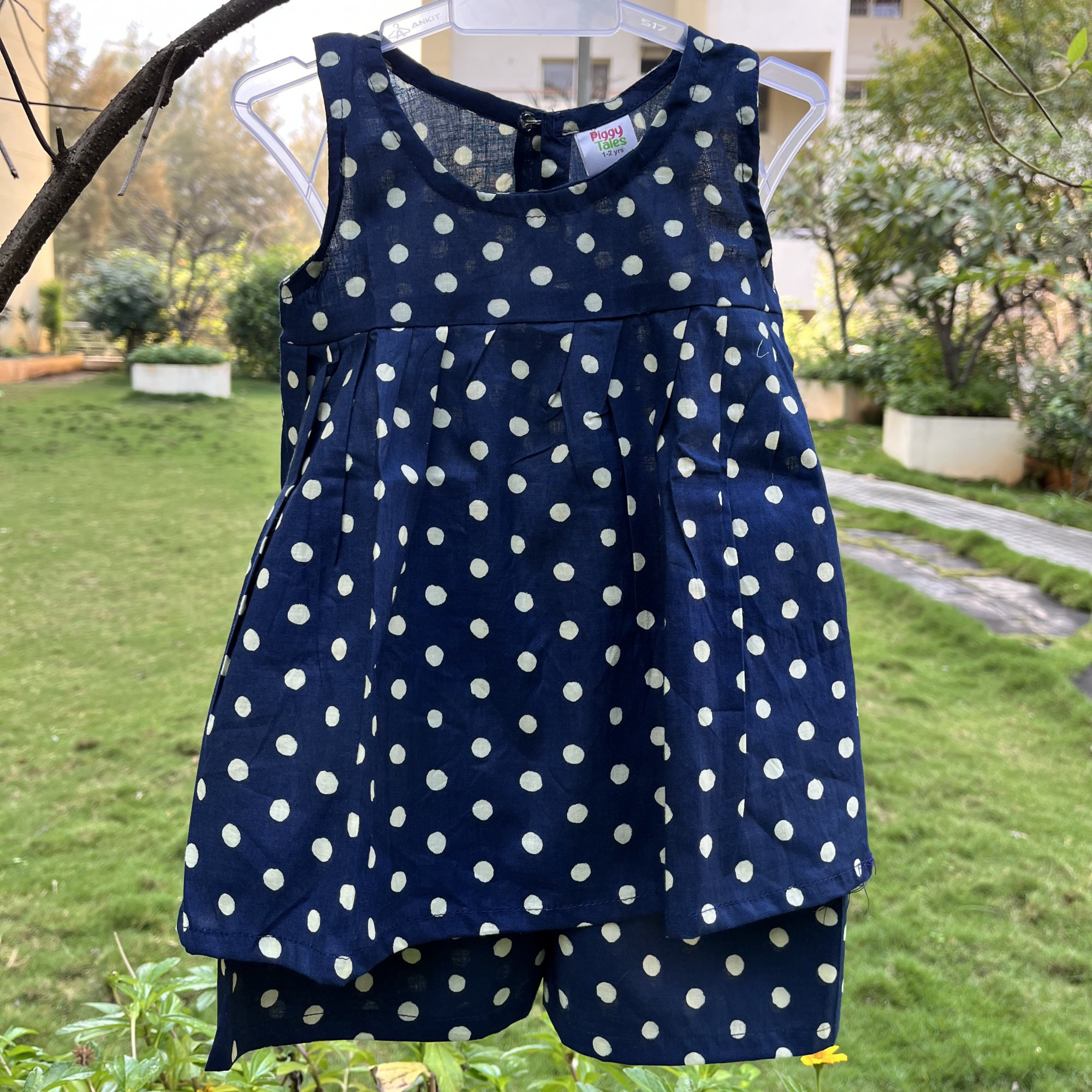 Navy Blue Polka Set Frock-Style Top and Shorts