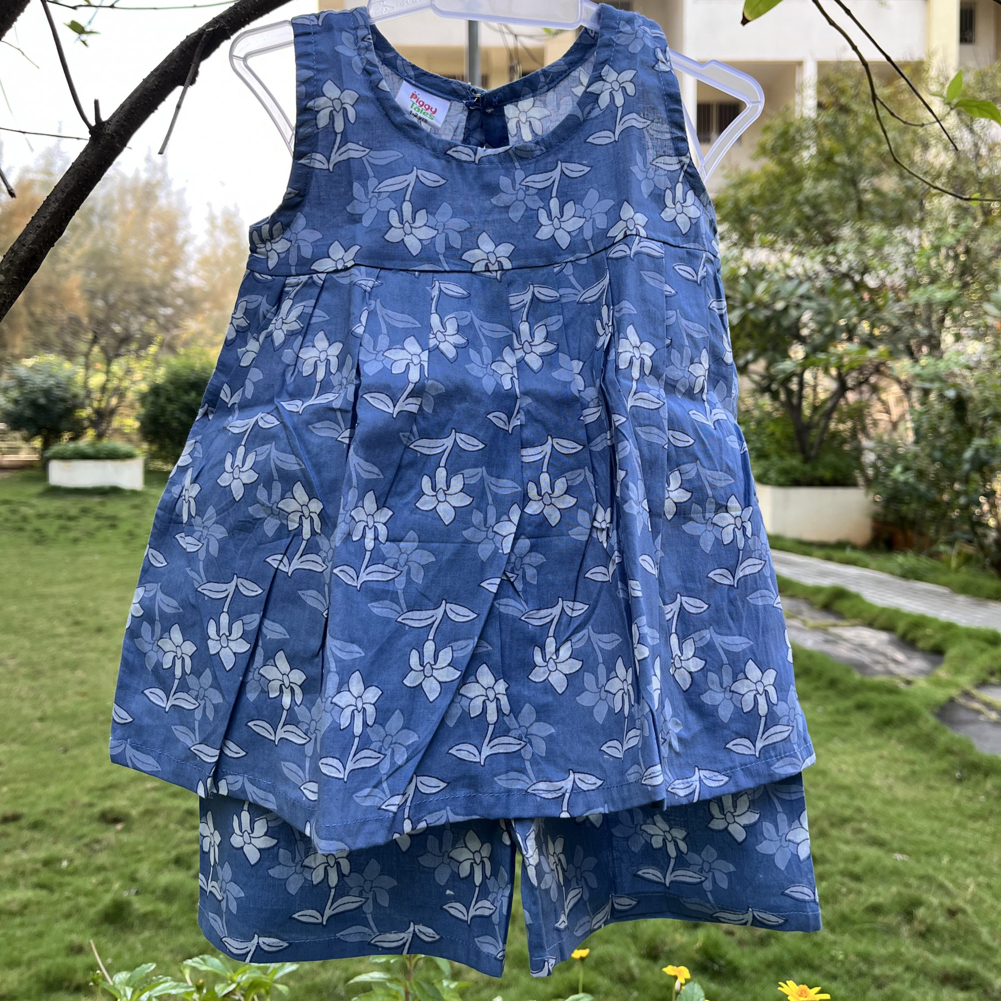 Denim Blue Blossom Set Frock-Style Top and Shorts
