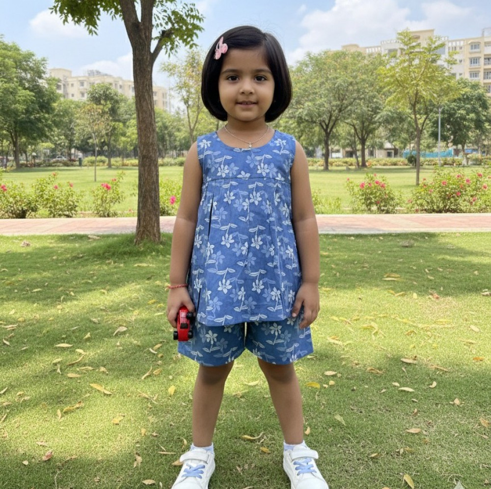 Image of Denim Blue Blossom Set Frock-Style Top and Shorts