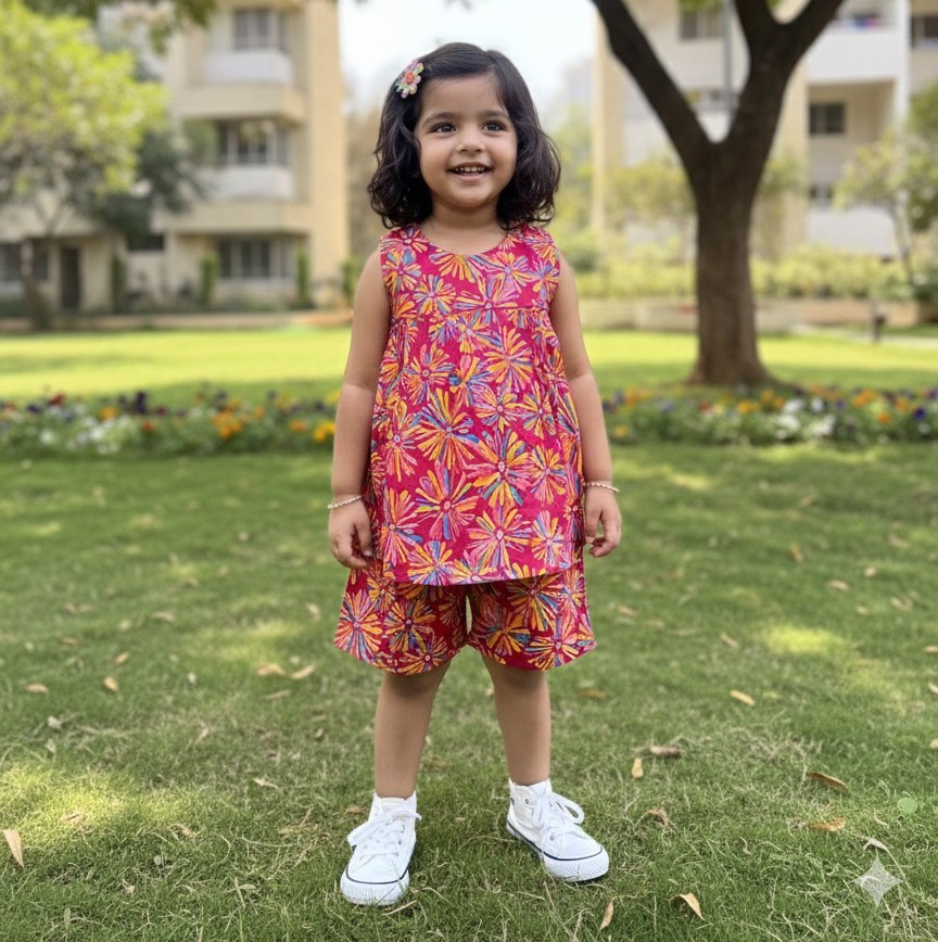 Pink Multicolor Floral Set Frock-Style Top and Shorts