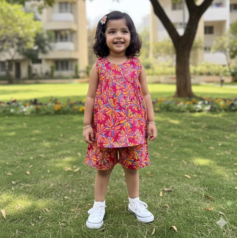 Image of Pink Multicolor Floral Set Frock-Style Top and Shorts