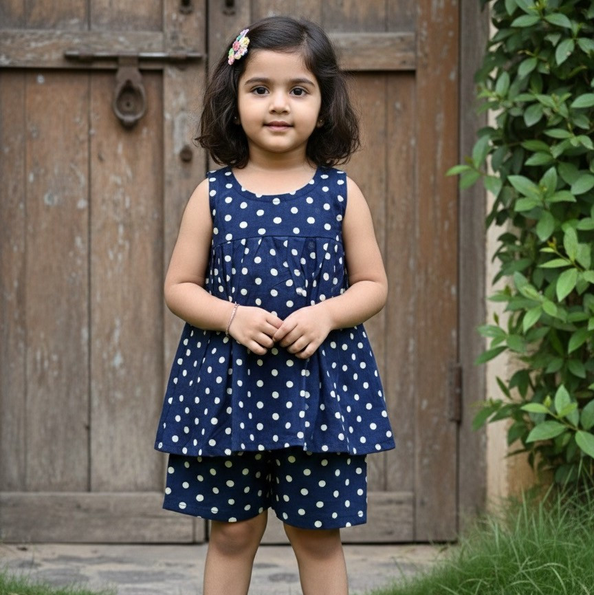 Navy Blue Polka Set Frock-Style Top and Shorts