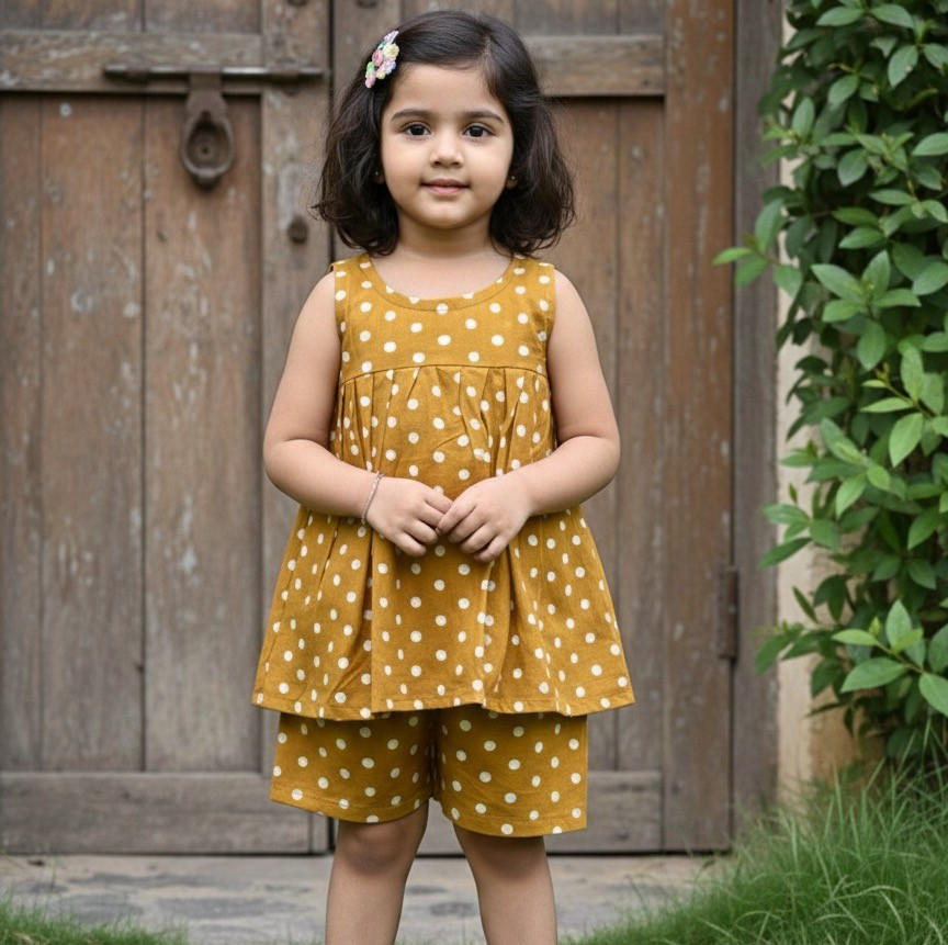Mustard Yellow Polka Set Frock-Style Top and Shorts