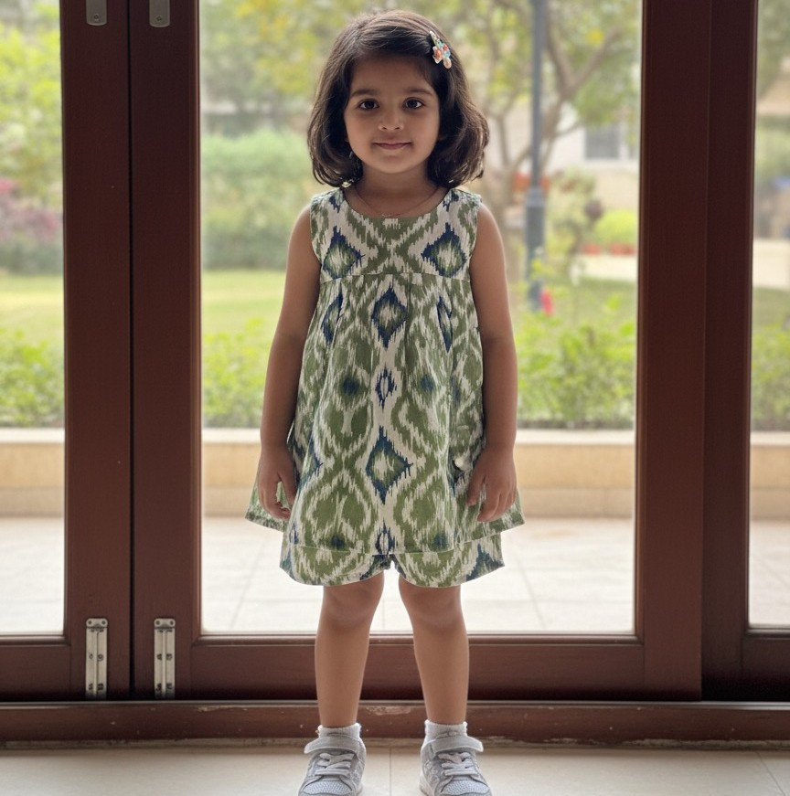 Olive Blue Geometric Set Frock-Style Top and Shorts