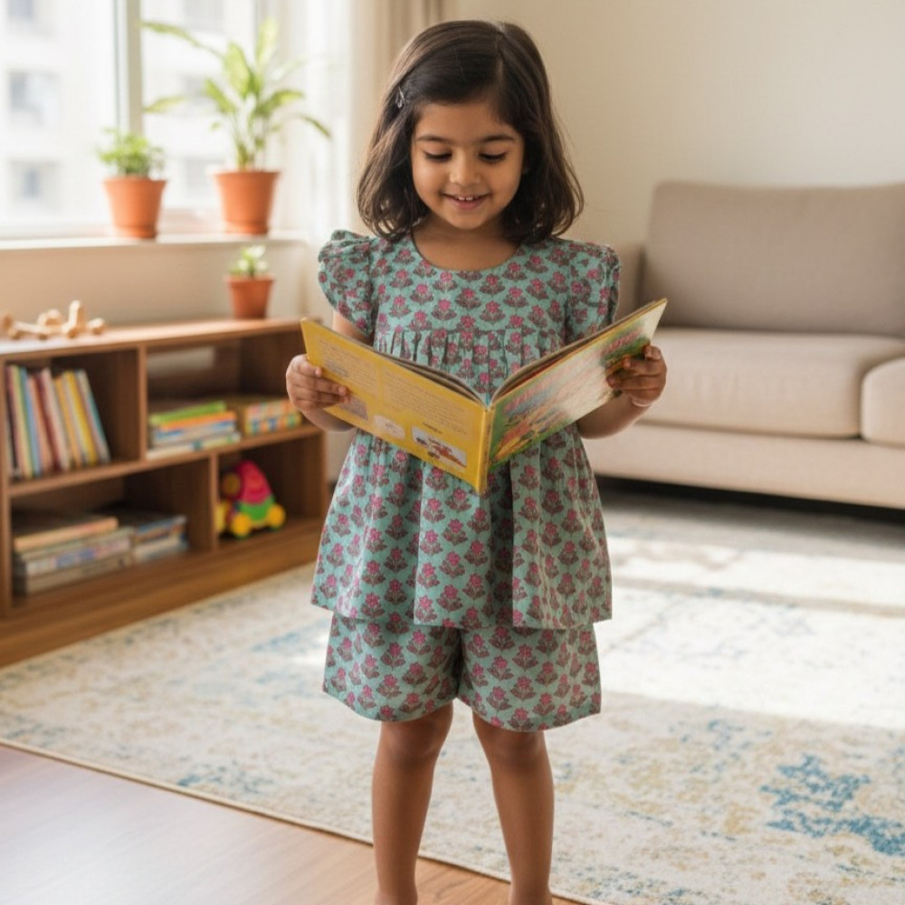 Image of Aqua Pink Bloom Frock-Style Top and Shorts