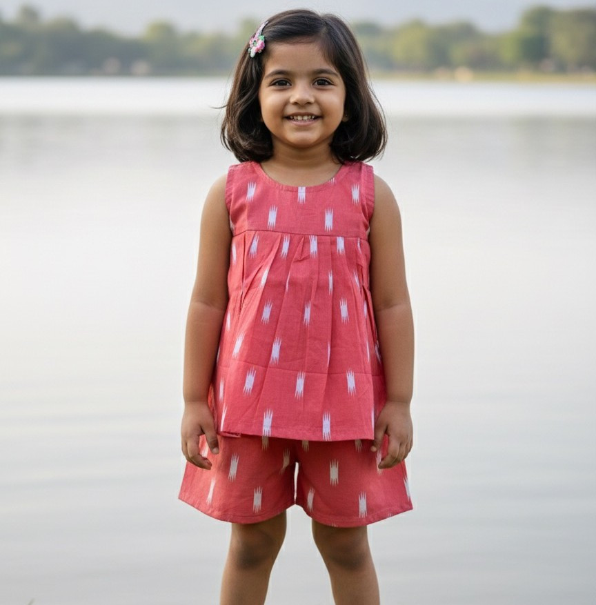 Pink Ikat Cotton Frock-Style Top and Shorts