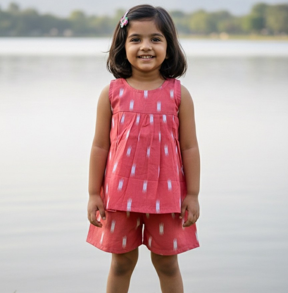 Image of Pink Ikat Cotton Frock-Style Top and Shorts