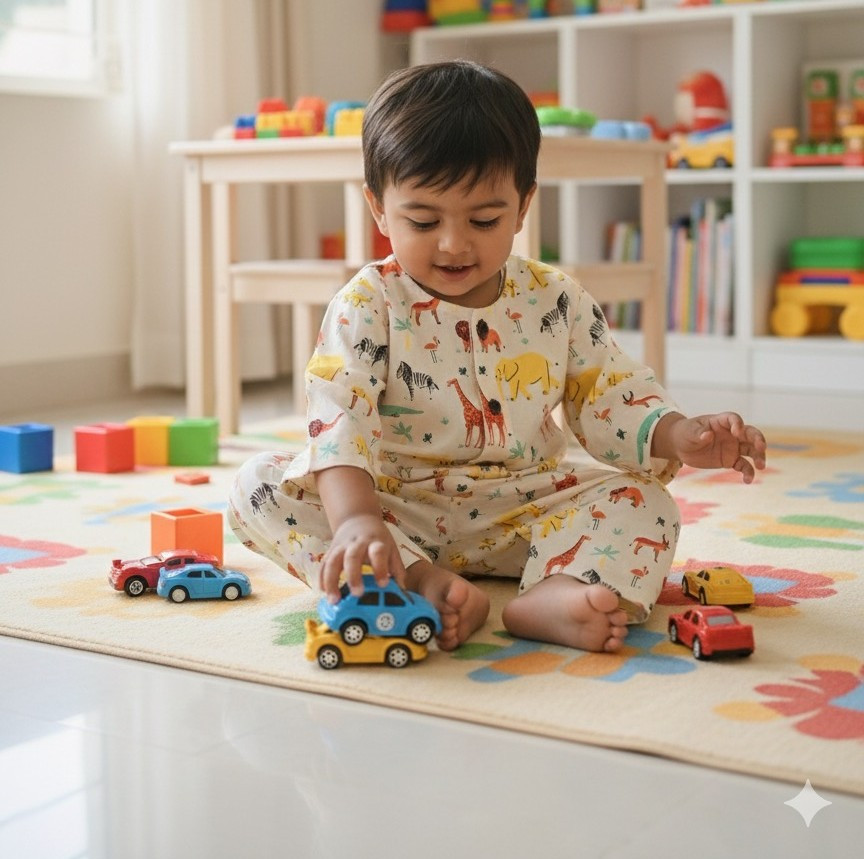 Cream and Colorful Safari Print Night Dress
