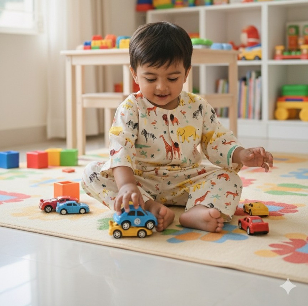 Image of Cream and Colorful Safari Print  Night Dress