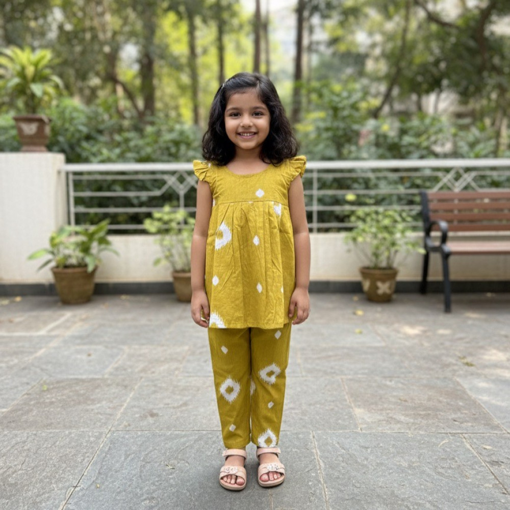 Image of Mustard Ikat Print Set Frock-Style Top and Pants