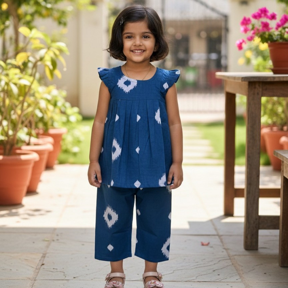 Image of Blue Ikat Print Set Frock-Style Top and Pants