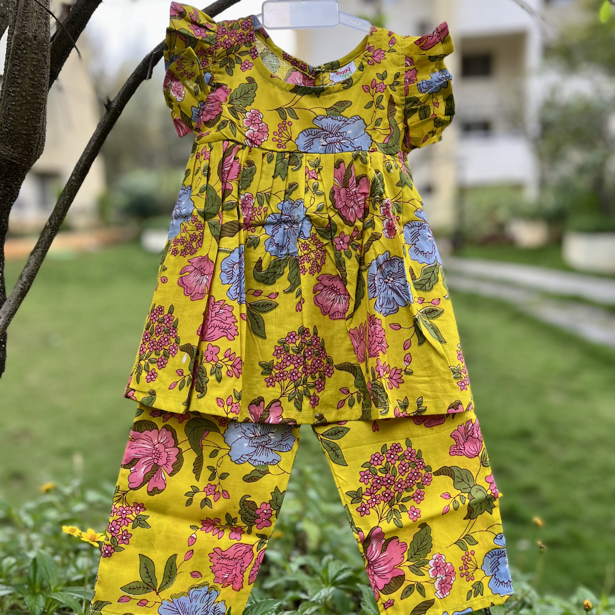 Yellow Floral Print Frock-Style Top and Pants