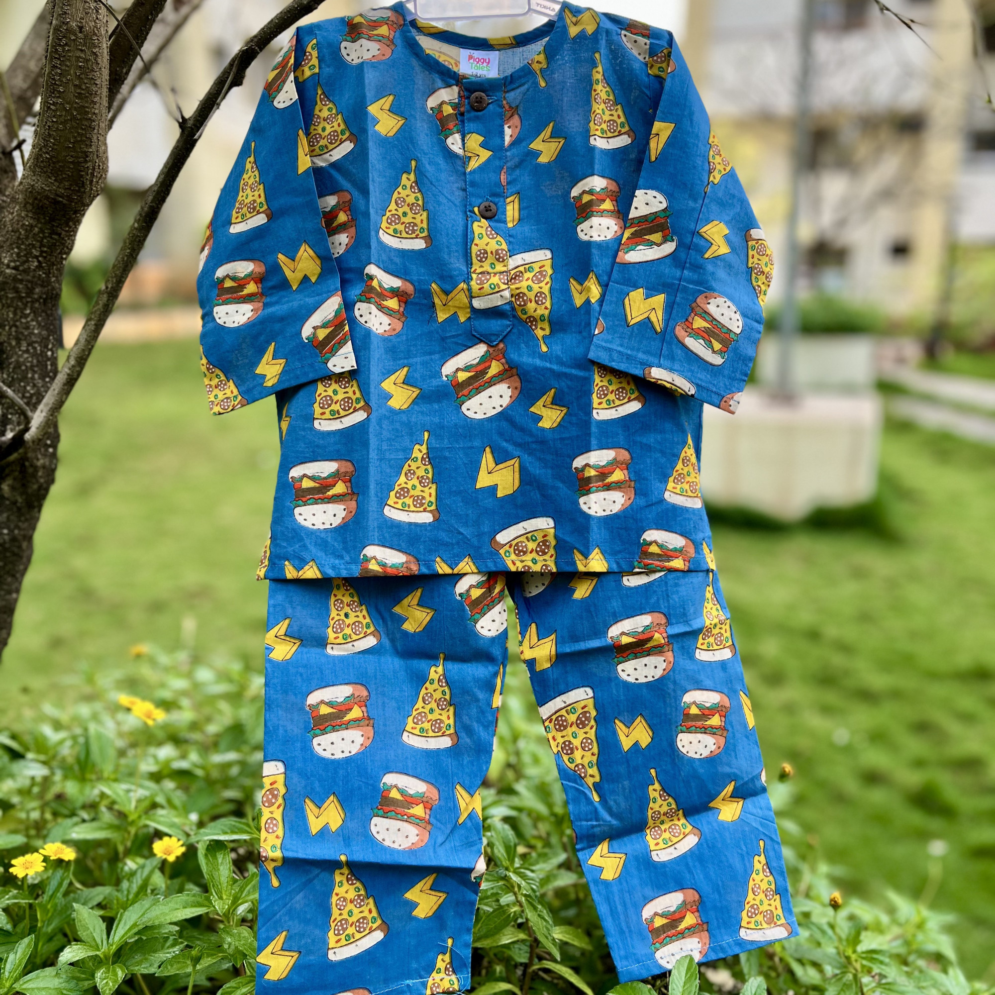 Electric Blue Pizza Burger Print  Night Dress