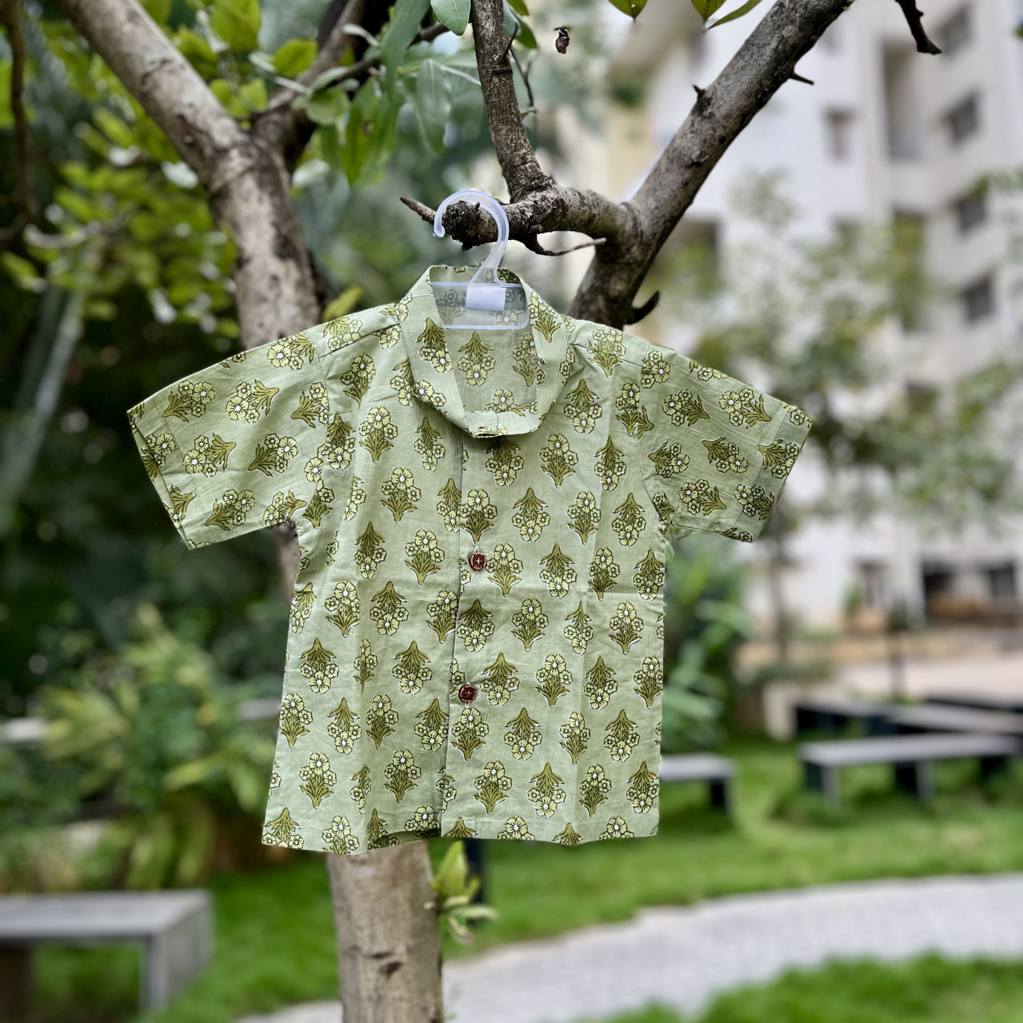 Brigth Olive Green Floral Print Shirt