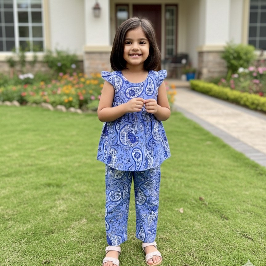 Blue Paisley Print Frock-Style Top and Pants