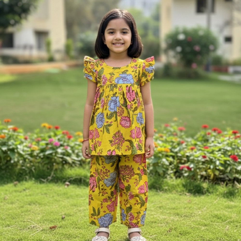 Image of Yellow Floral Print Frock-Style Top and Pants