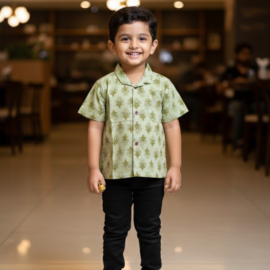 Brigth Olive Green Floral Print Shirt