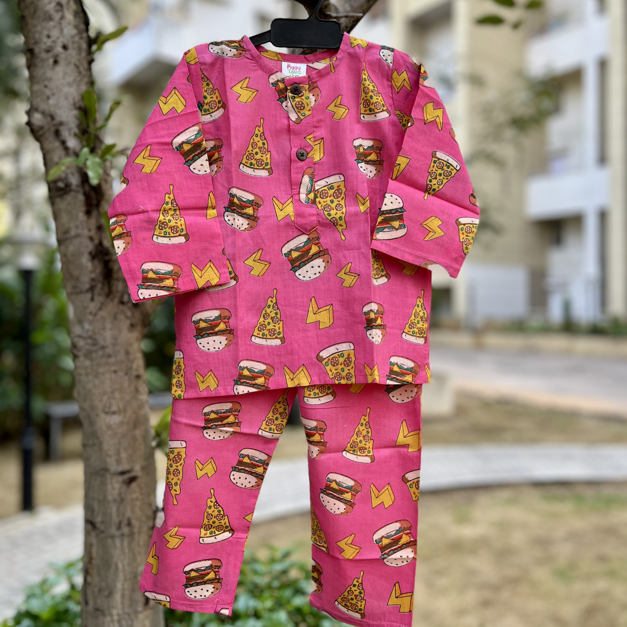 Pink Pizza Burger Print  Night Dress