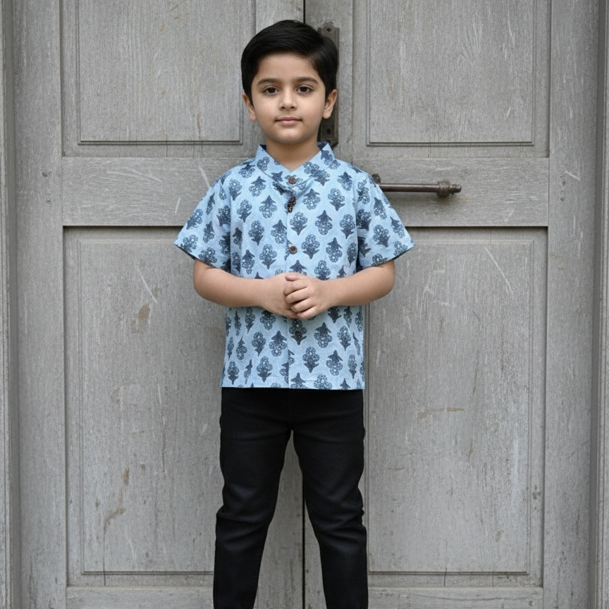Blue Cotton Floral Shirt