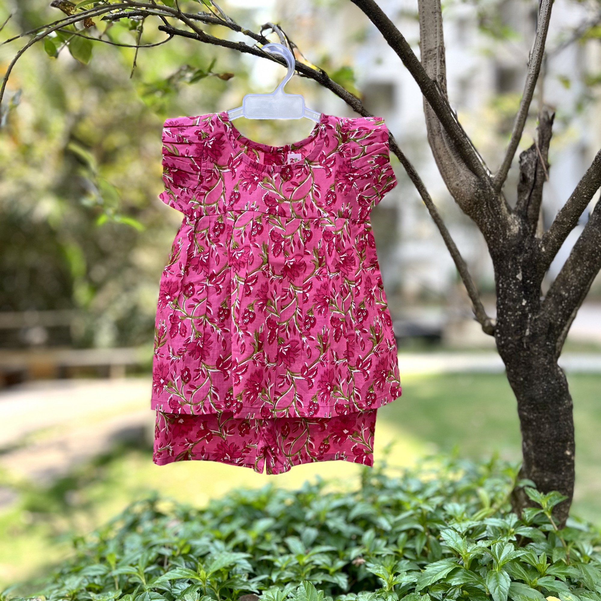 Rasberry Pink Floral Frock-Style Top and Shorts
