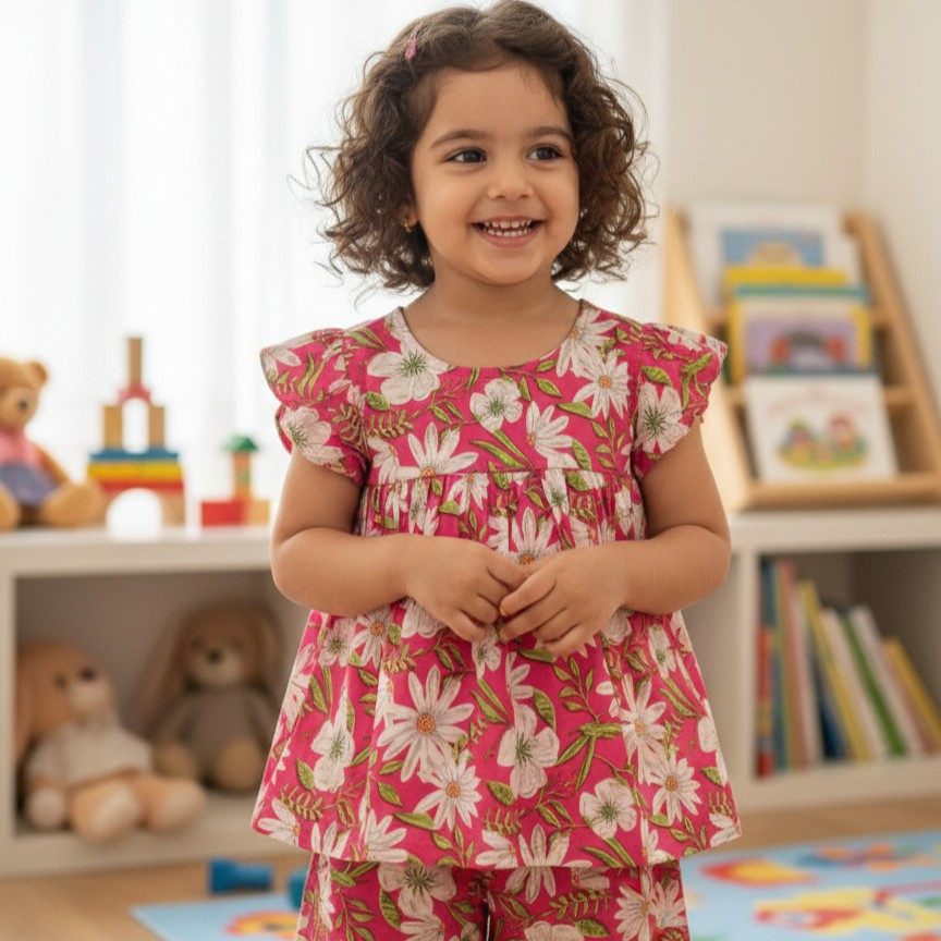 Pink Daisy Bloom Frock-Style Top and Shorts