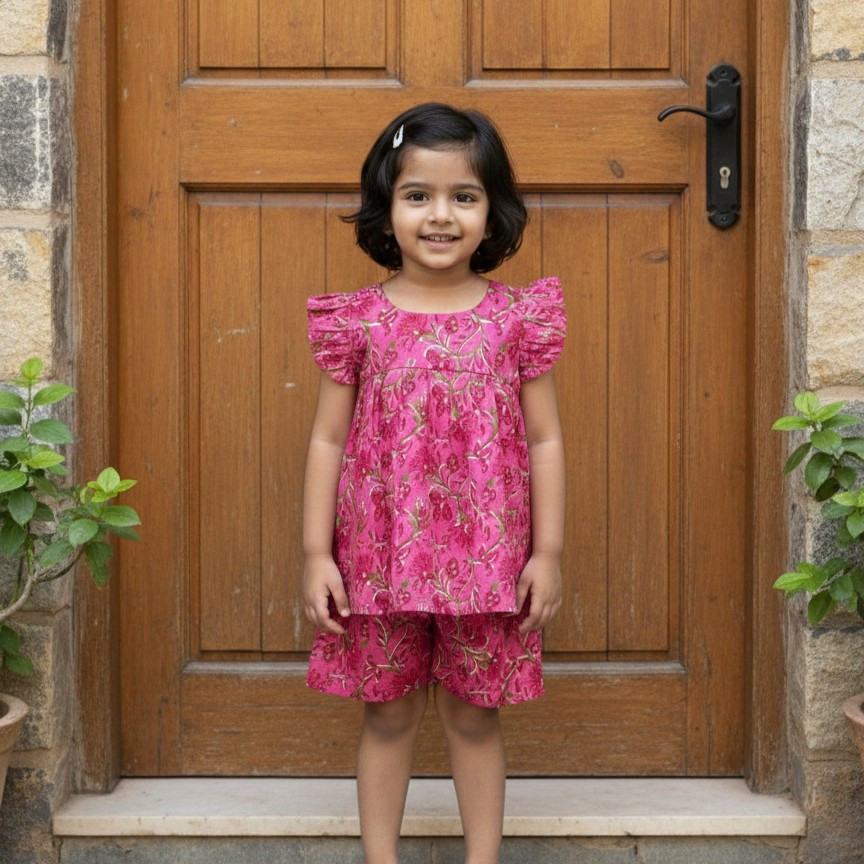 Rasberry Pink Floral Frock-Style Top and Shorts