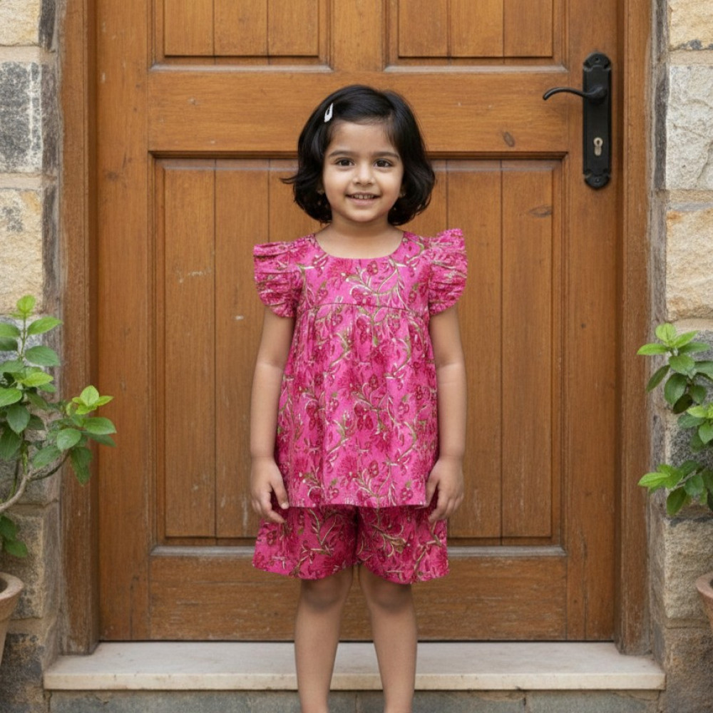 Image of Rasberry Pink Floral Frock-Style Top and Shorts