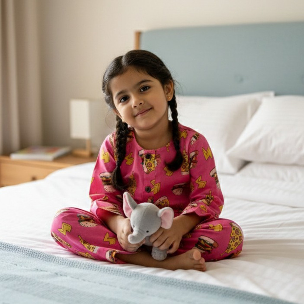 Image of Pink Pizza Burger Print  Night Dress