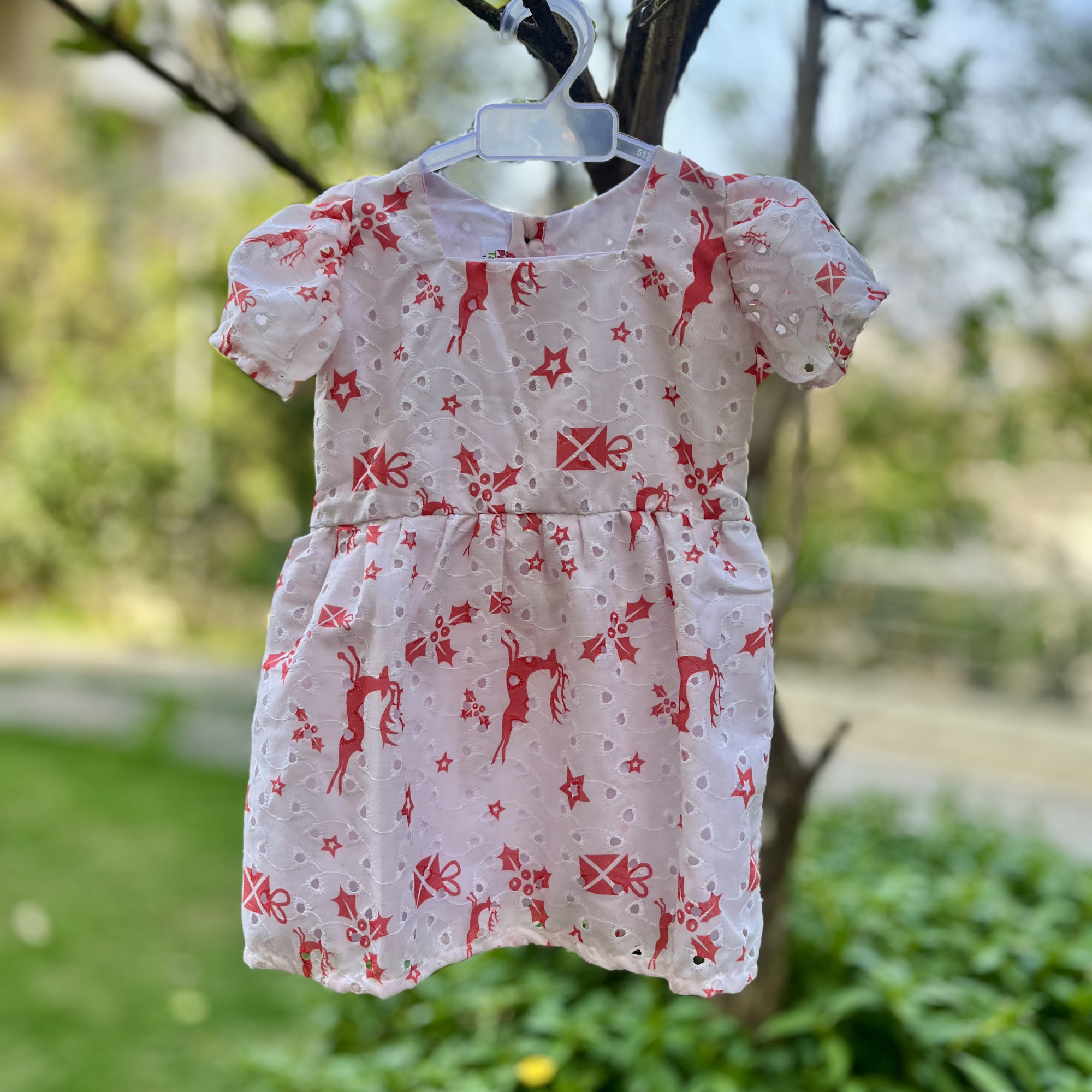 White and Red Deer Cotton Hakoba Frock