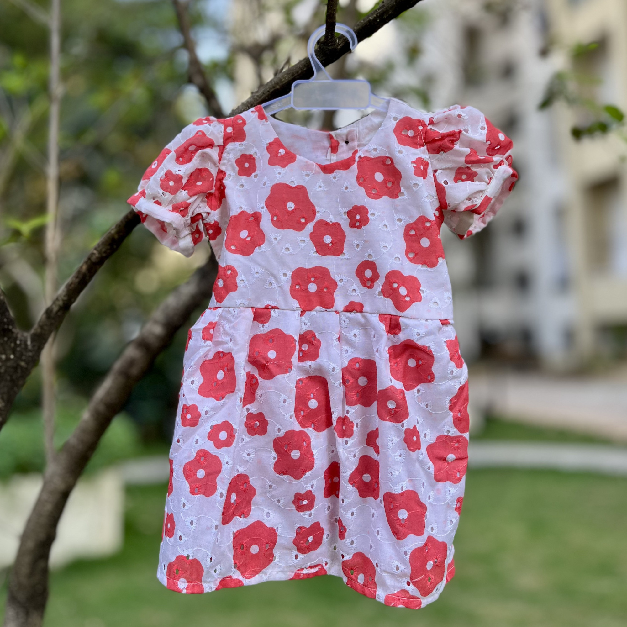 White and Red Floral Cotton Hakoba Frock