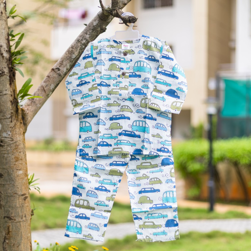 White and Blue Car Print Night Dress