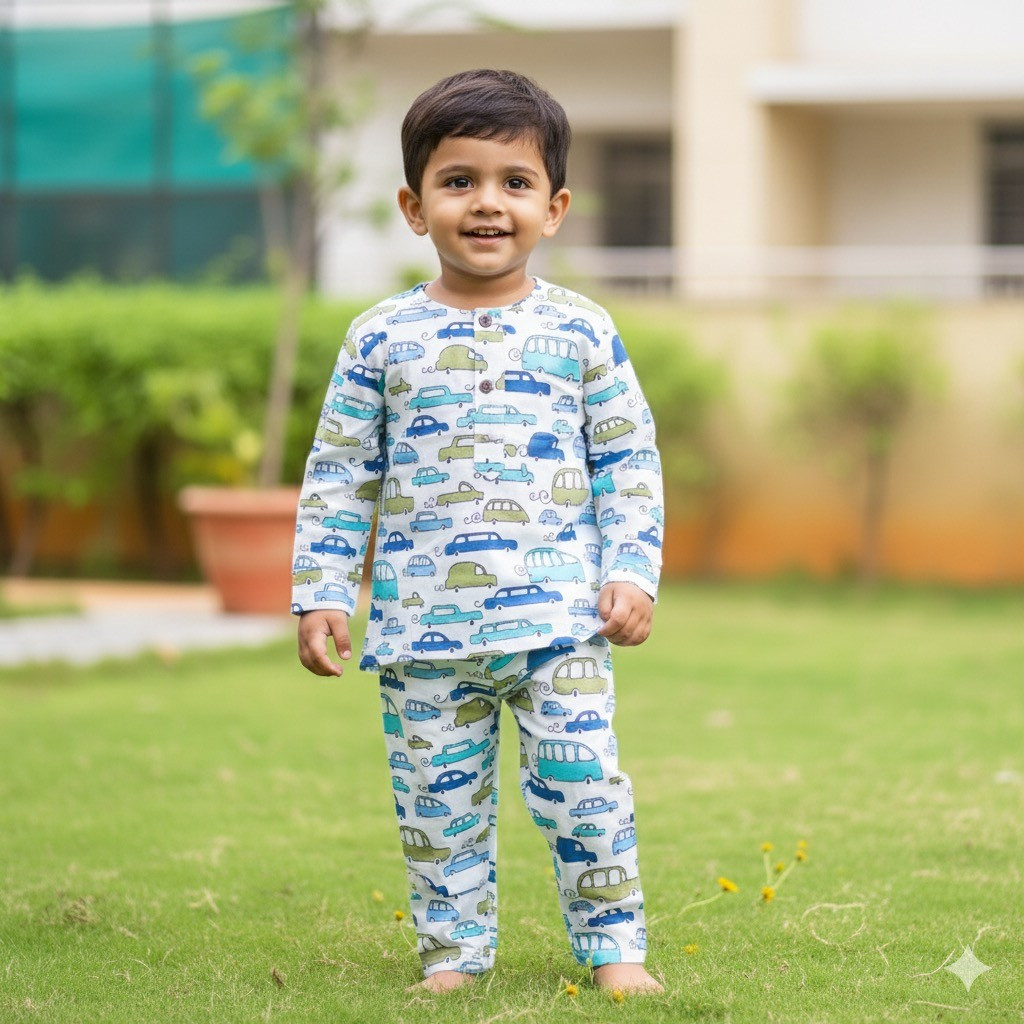 White and Blue Car Print Night Dress