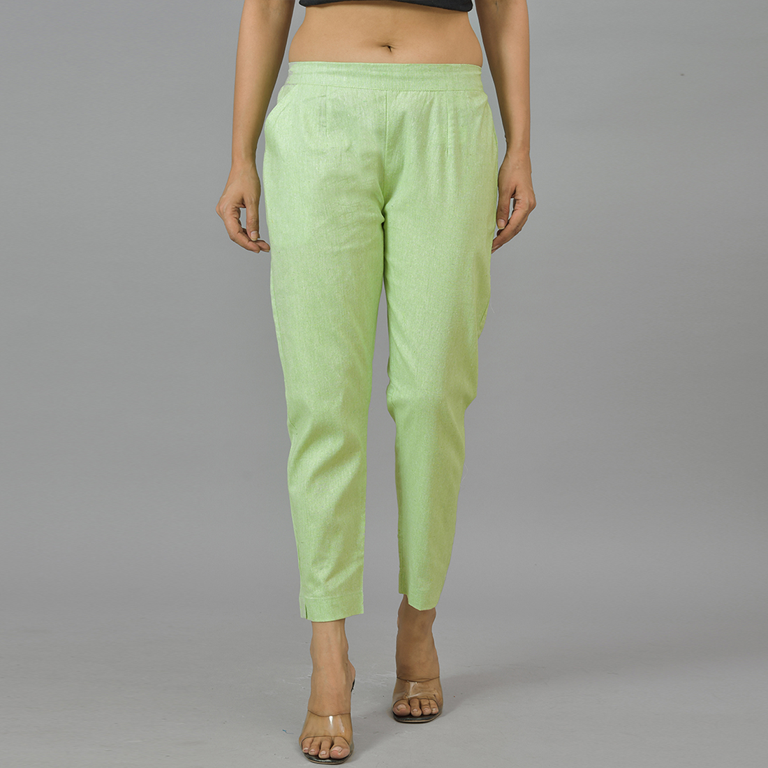 WOMEN Parrot Green Cotton Solid Trouser