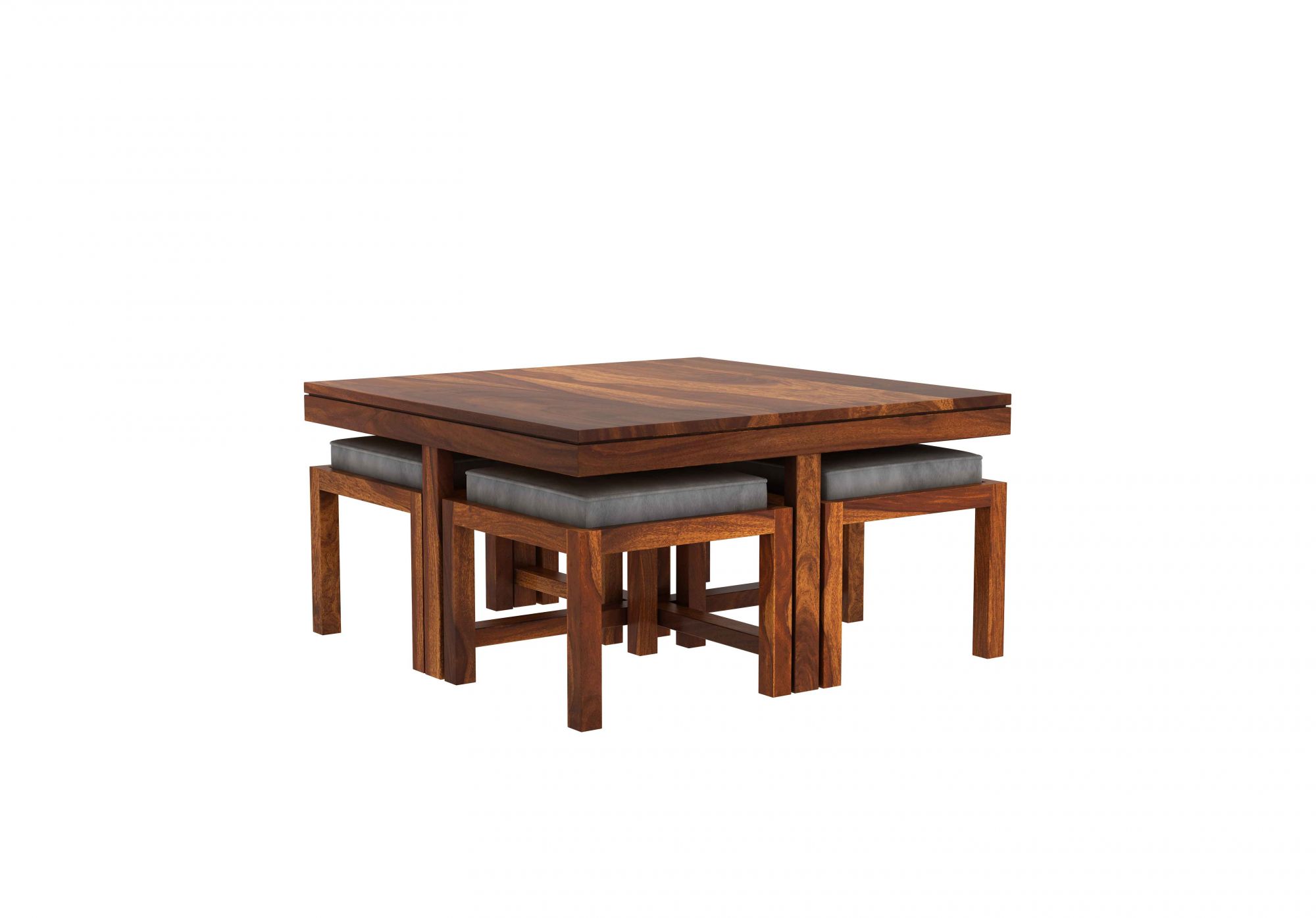 Buy Timor Sheesham Wood Coffee Table with Stools (Walnut, Grey