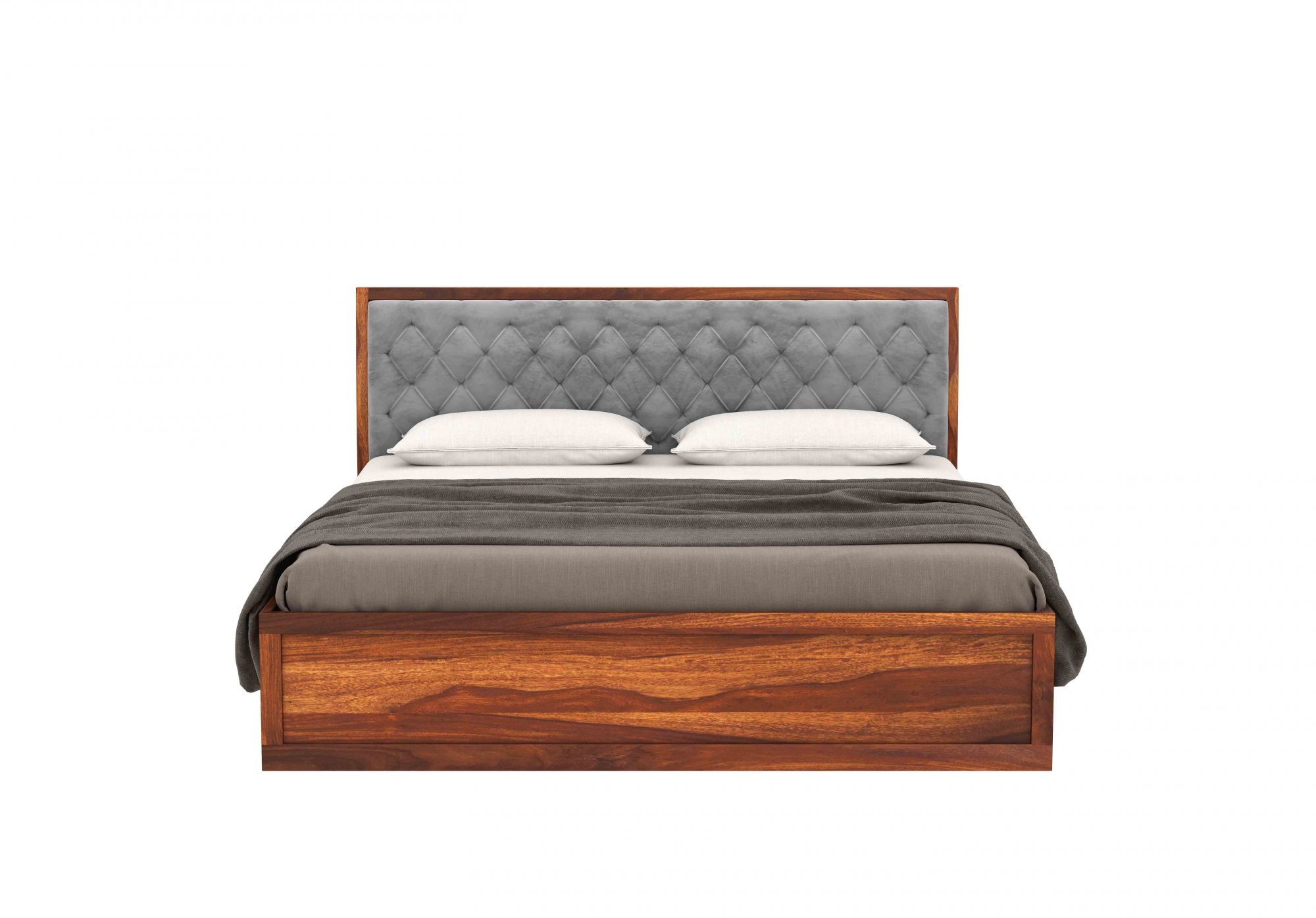 Aria Cushioned Grey Sheesham Wood Bed With Box Storage