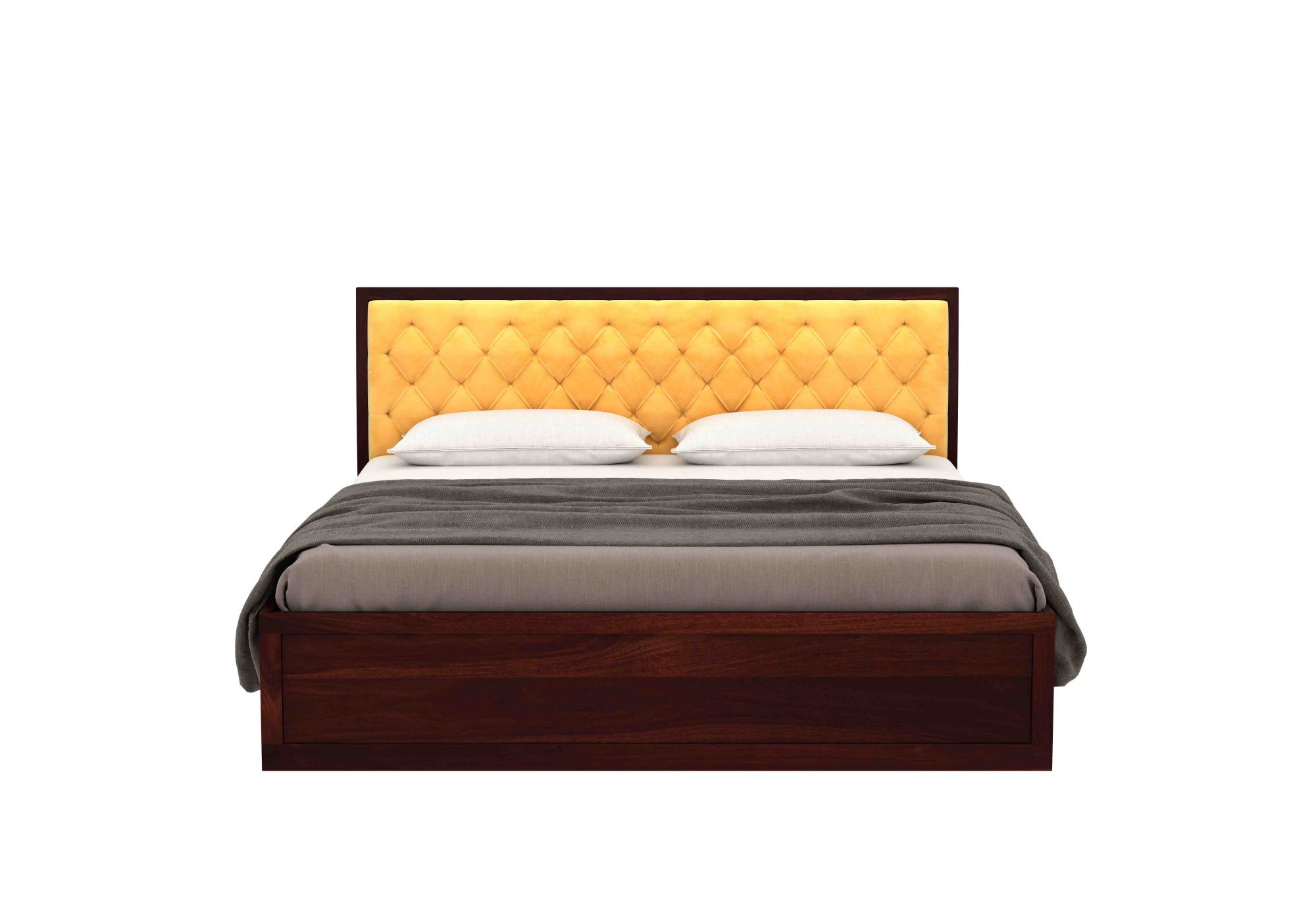 Aria Cushioned Yellow Sheesham Wood Bed With Box Storage