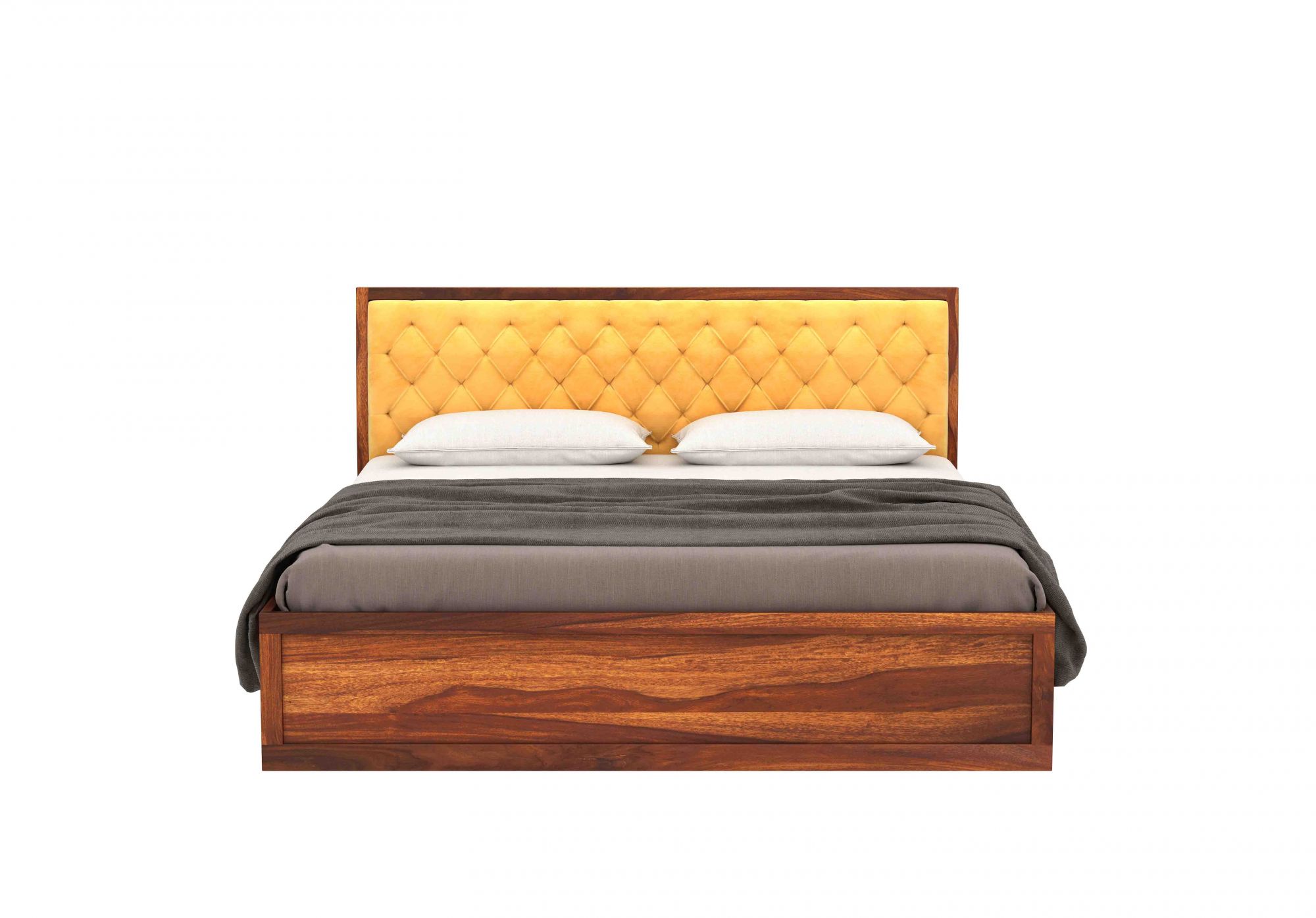 Aria Cushioned Yellow Sheesham Wood Bed With Box Storage