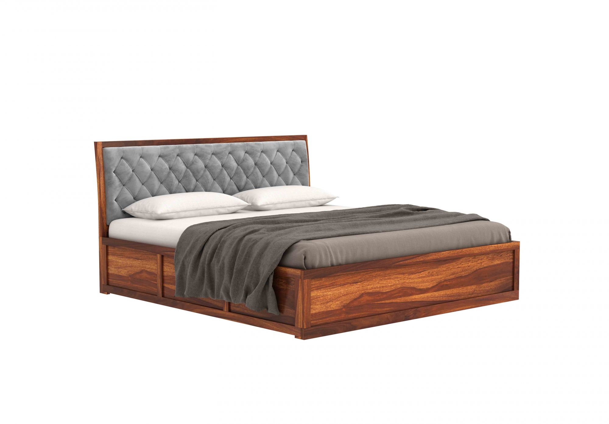Aria Cushioned Grey Sheesham Wood Bed With Box Storage