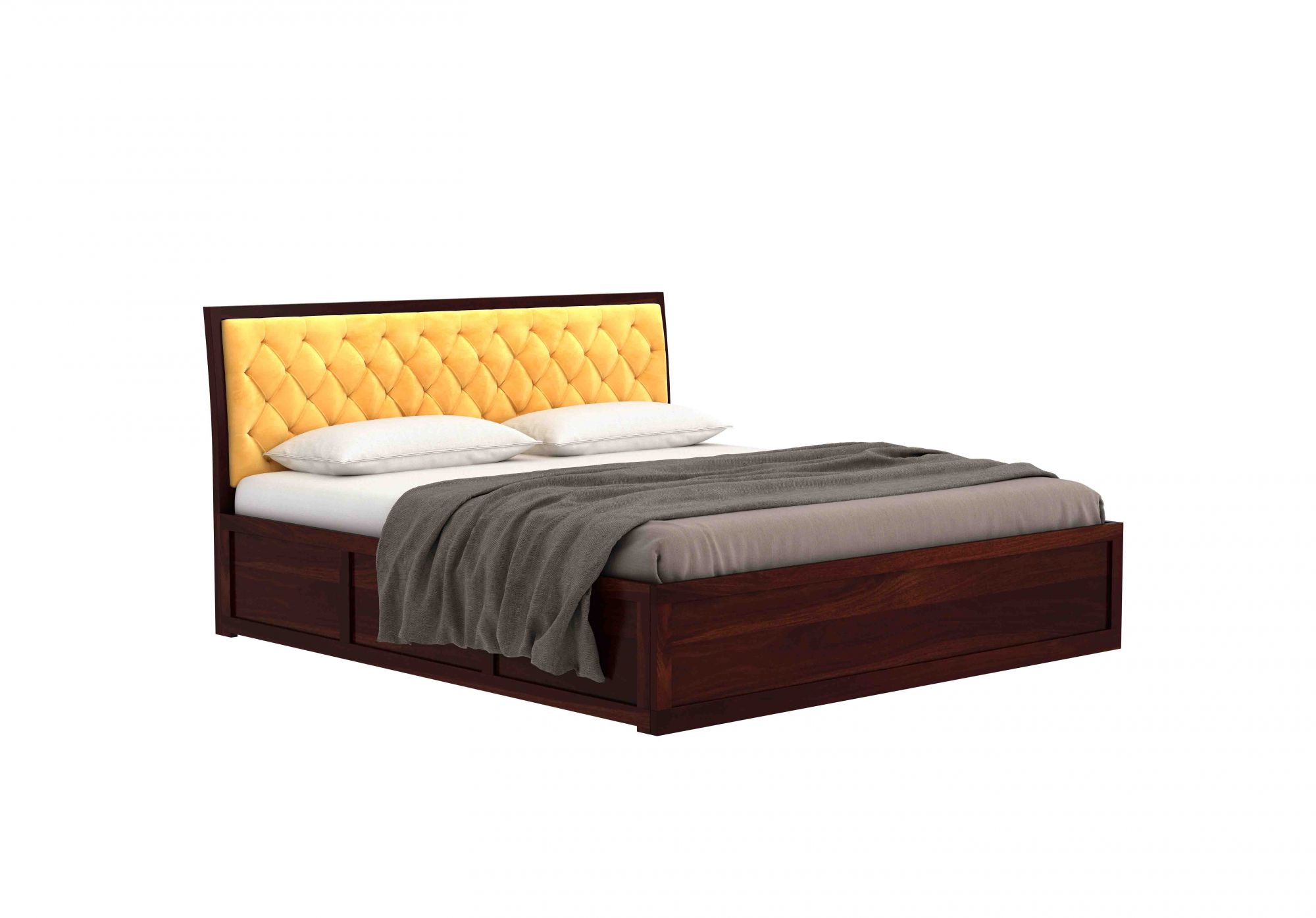 Aria Cushioned Yellow Sheesham Wood Bed With Box Storage