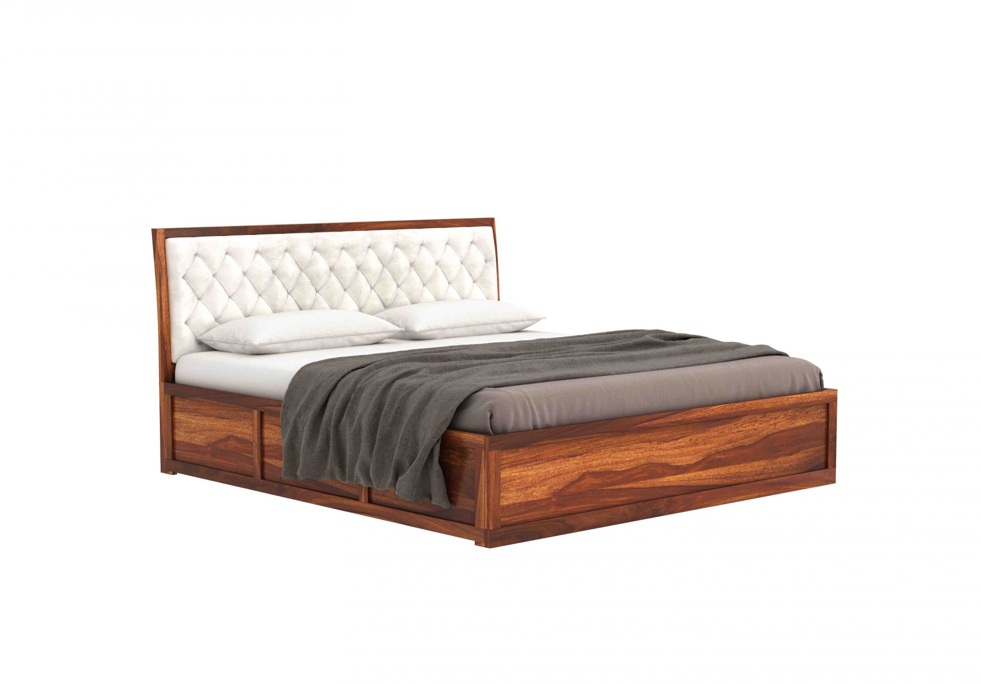 Aria Cushioned Cream Sheesham Wood Bed With Box Storage