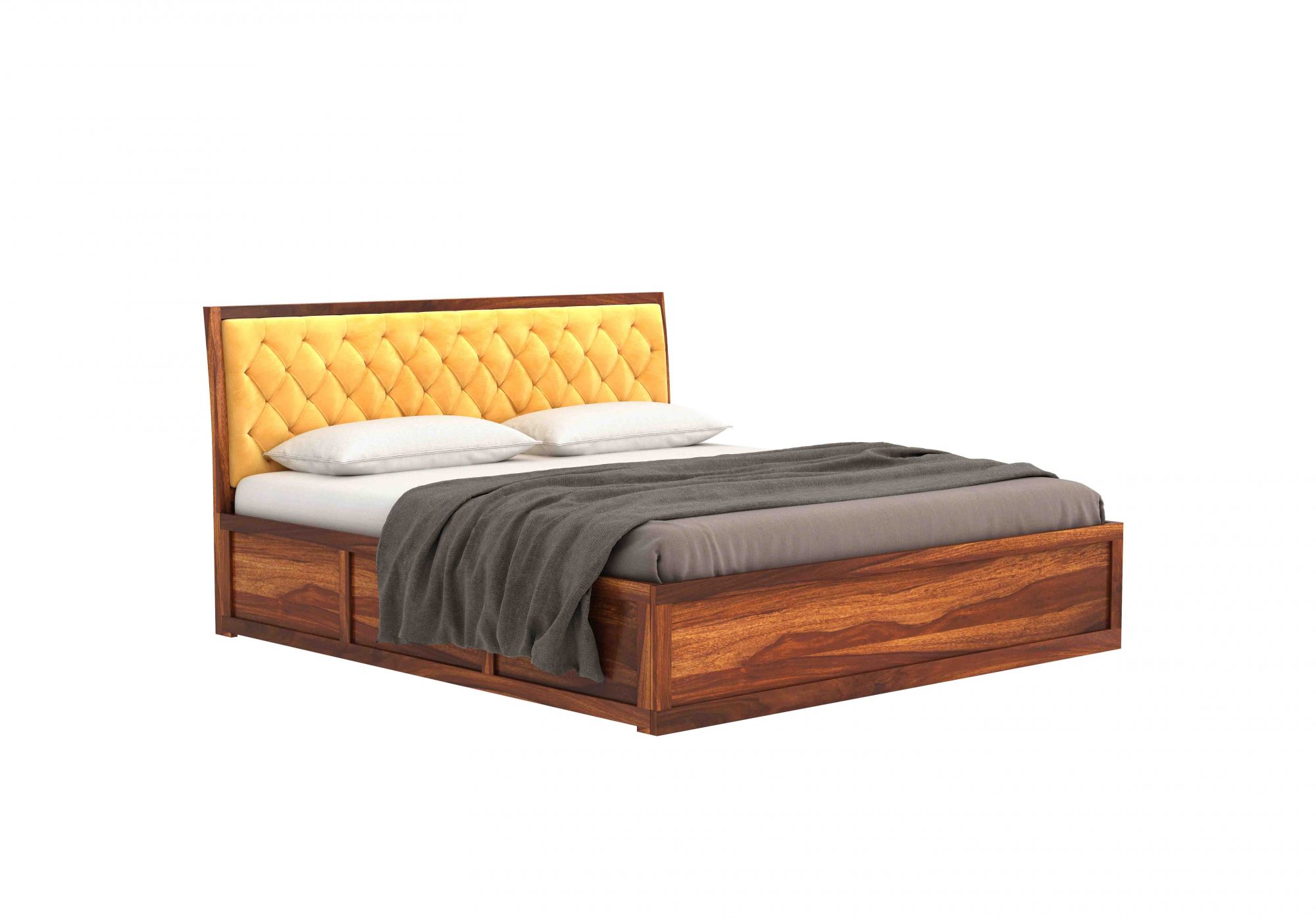 Aria Cushioned Yellow Sheesham Wood Bed With Box Storage
