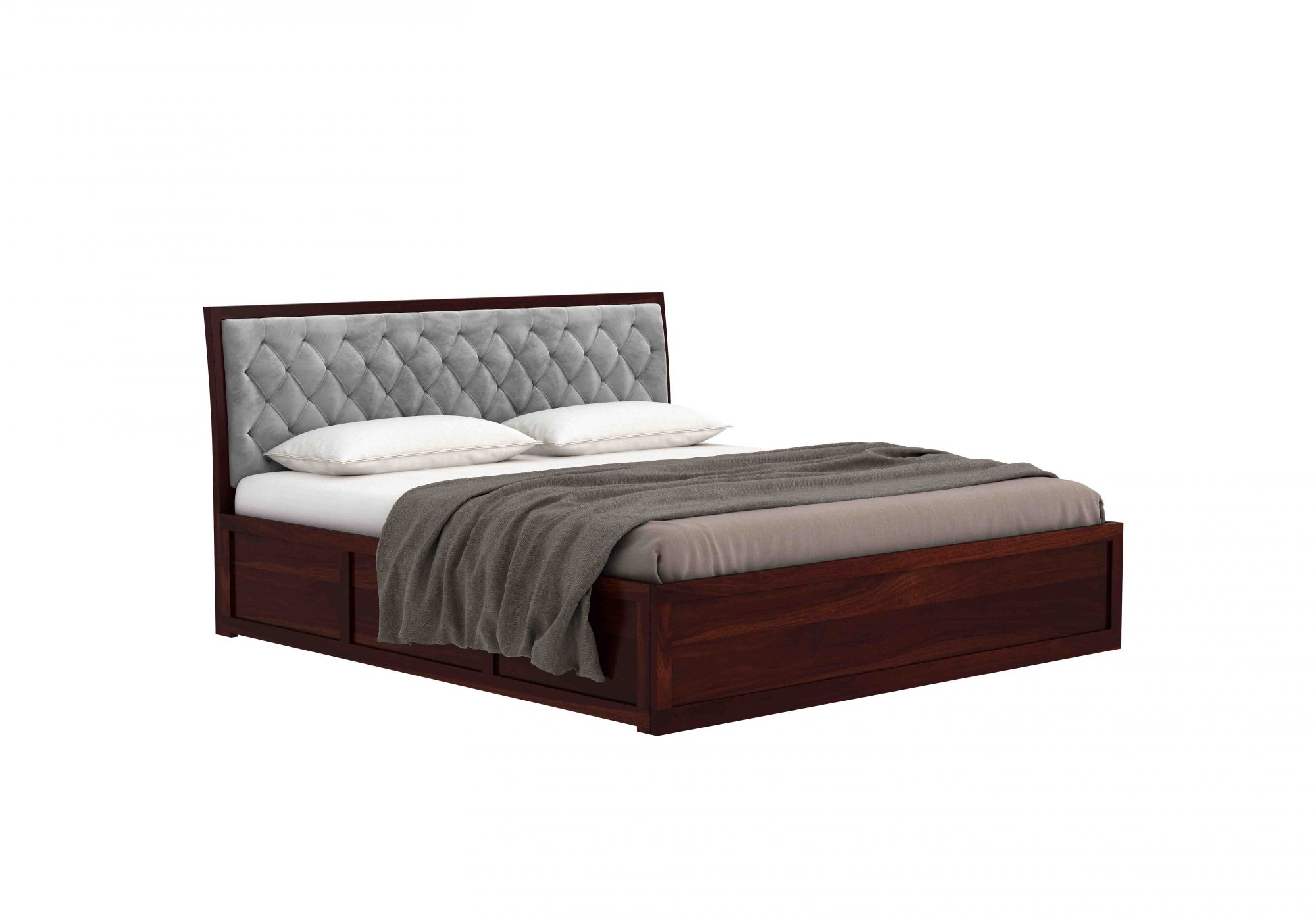 Aria Cushioned Grey Sheesham Wood Bed With Box Storage