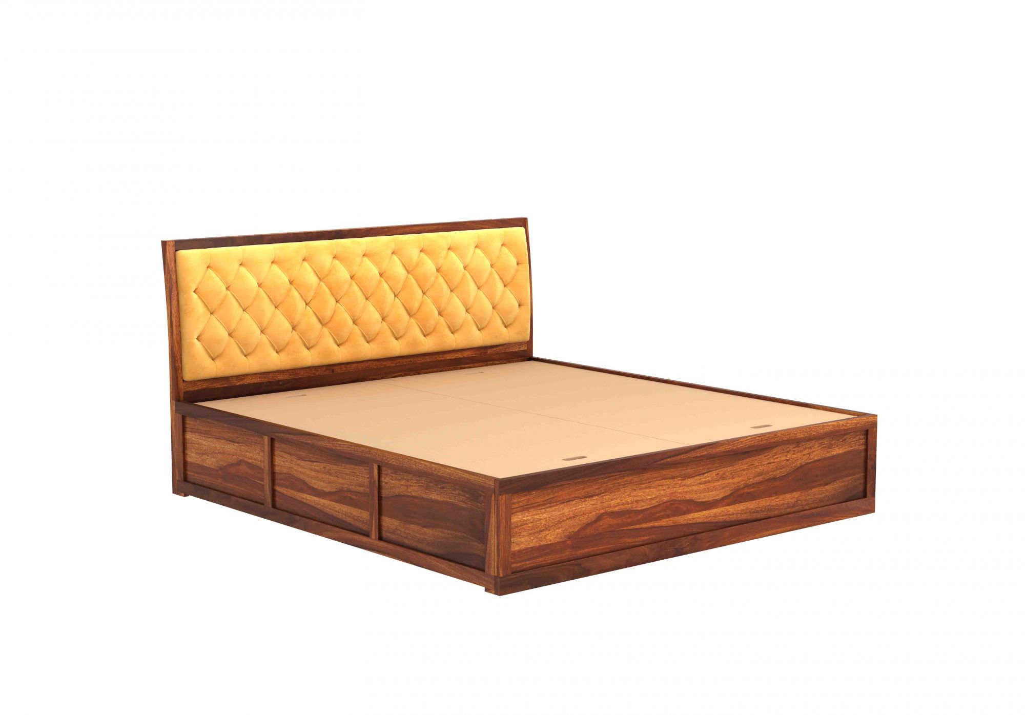 Aria Cushioned Yellow Sheesham Wood Bed With Box Storage