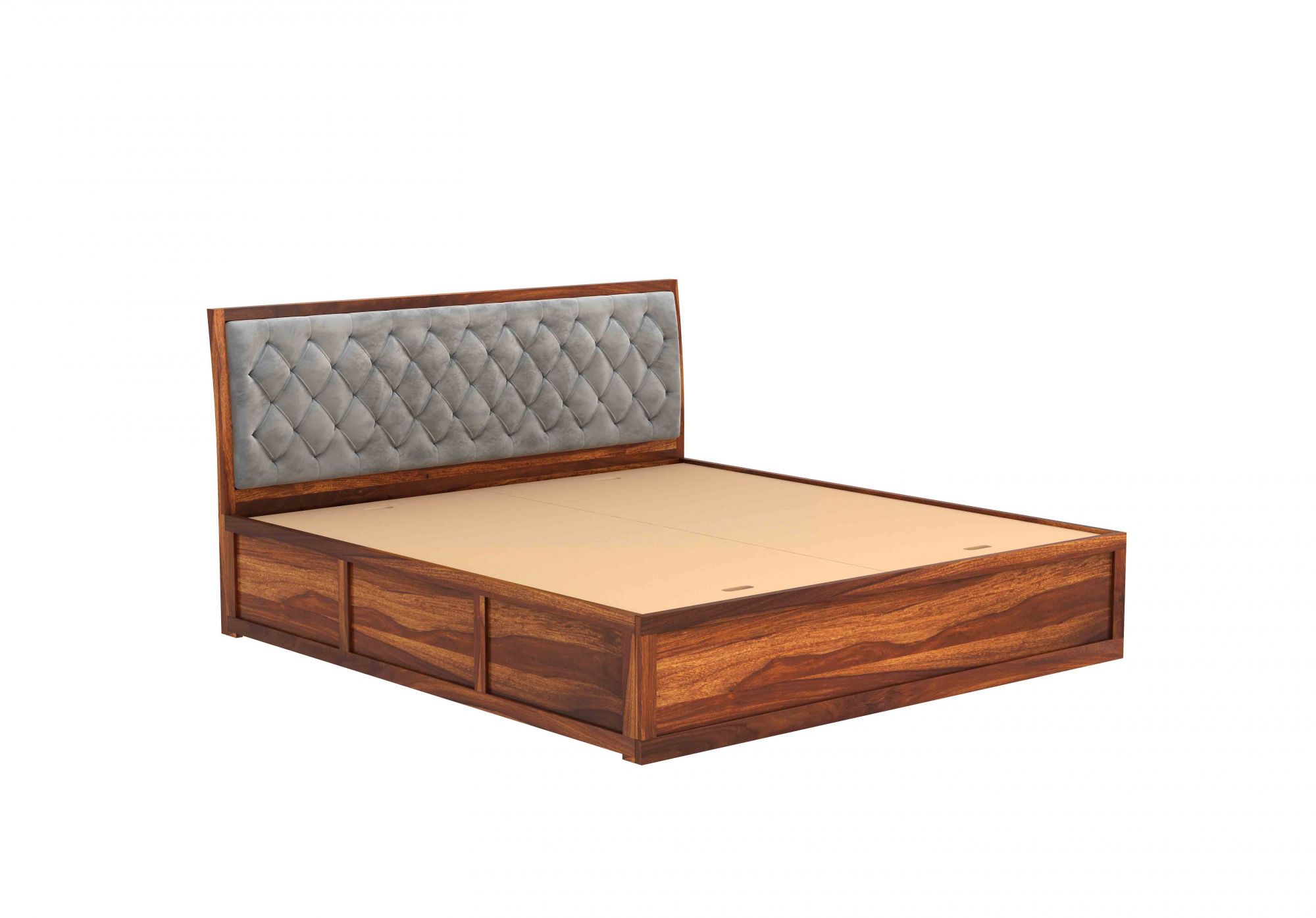 Aria Cushioned Grey Sheesham Wood Bed With Box Storage