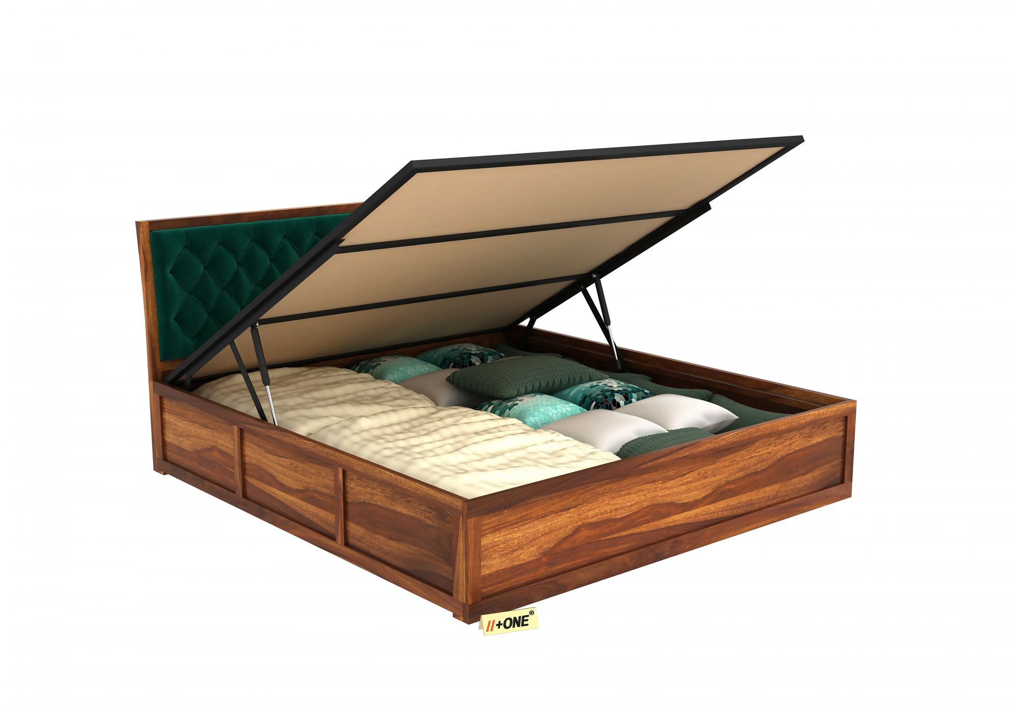 Aria Cushioned Emerald Green Bed With Hydraulic Storage
